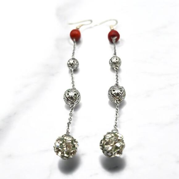Artisan Shoulders Dusters Earrings Pierced Silver Tone Red Stone Like Beads - Picture 6 of 6